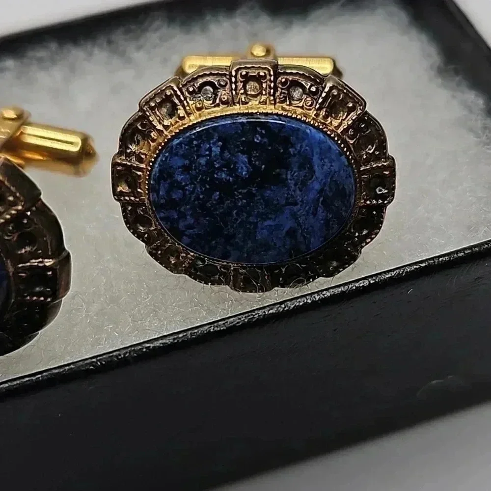 Christian Dior Vintage Gold Tone and Sodalite Cufflinks and tie bar set